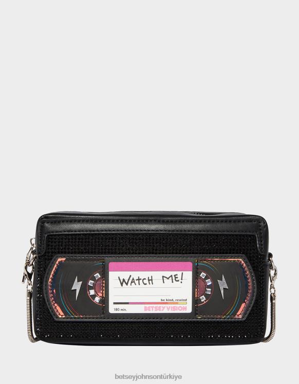 kitsch nazik ol vhs crossbody'yi geri sar siyah N26HX223 kadınlar Betsey Johnson Aksesuarlar