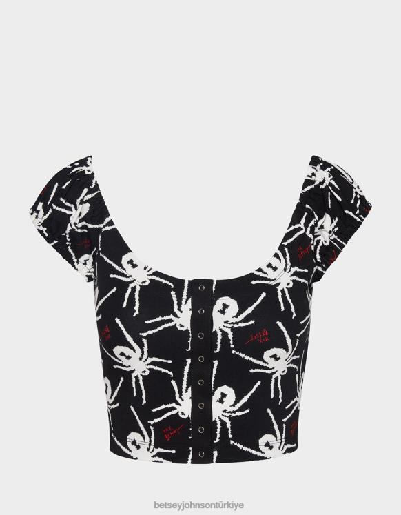 80. parti kısa kollu kabarık kollu top siyah beyaz N26HX291 kadınlar Betsey Johnson Giyim